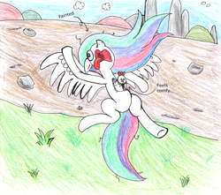 Size: 1400x1239 | Tagged: safe, artist:fleximusprime, derpibooru import, princess celestia, alicorn, bird, chicken, g4, atg 2024, fainted, grass, newbie artist training grounds, solo, traditional art, wings