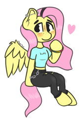 Size: 554x811 | Tagged: safe, artist:charleyhorsey, derpibooru import, fluttershy, pegasus, pony, semi-anthro, g4, blushing, bracelet, clothes, denim, ear piercing, female, freckles, jeans, jewelry, manebooru original, mare, pansexual pride flag, pants, piercing, pride, pride flag, punk, shirt, simple background, solo, t-shirt, wings