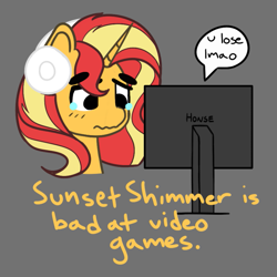 Size: 809x809 | Tagged: safe, artist:charleyhorsey, derpibooru import, sunset shimmer, pony, unicorn, equestria girls, g4, art challenge, computer, female, gamer sunset, headphones, honse, horn, manechat challenge, mare, sad, simple background, solo, subverted meme