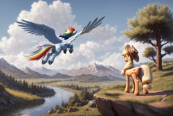 Size: 2304x1536 | Tagged: safe, ai content, derpibooru import, generator:pony diffusion v6 xl, generator:stable diffusion, machine learning generated, applejack, rainbow dash, earth pony, pegasus, pony, g4, applejack's hat, blurry background, cliff, clothes, cloud, cowboy hat, detailed background, duo, female, flying, forest background, hat, looking away, mountain, mountain range, prompter:foxpony, river, scenery, scenery porn, spread wings, tree, water, wings