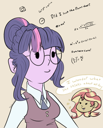 Size: 2664x3277 | Tagged: safe, artist:tkshoelace, derpibooru import, sci-twi, sunset shimmer, twilight sparkle, human, equestria girls, g4, clothes, duo, duo female, female, glasses, math, simple background, speech bubble, thinking