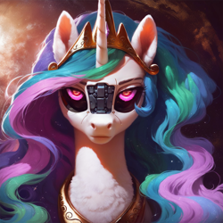 Size: 1216x1216 | Tagged: safe, ai content, derpibooru import, generator:pony diffusion v6 xl, generator:stable diffusion, machine learning generated, princess celestia, alicorn, cyborg, pony, robot, robot pony, g4, abstract background, bust, portrait, prompter:star-dragon, serious, solo