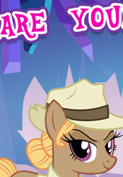 Size: 295x423 | Tagged: safe, derpibooru import, earth pony, pony, unicorn, g4, buried treasure, clothes, cropped, english, female, gameloft, hat, horn, looking at you, mare, meme, my little pony: magic princess, solo, text, wow! glimmer