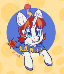 Size: 356x410 | Tagged: safe, artist:beyhr, derpibooru import, oc, oc only, oc:wow factor, pony, unicorn, g4, :3, bangs, big eyes, blue eyes, blue hooves, circle background, colored hooves, ear fluff, ears, female, hat, hooves, horn, mare, open mouth, open smile, party hat, patterned background, raised hooves, ruffles, shiny eyes, short mane, signature, smiling, solo, tail, two toned mane, two toned tail, unicorn horn, unicorn oc, unique tail, white coat