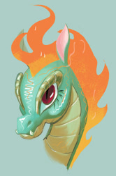 Size: 672x1012 | Tagged: safe, artist:beherelongtime, derpibooru import, tianhuo, dragon, hybrid, longma, them's fightin' herds, community related, female, fire, mane of fire, simple background, solo