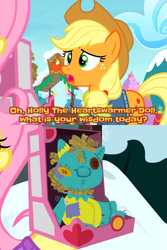 Size: 1443x2160 | Tagged: safe, derpibooru import, edit, edited screencap, editor:zariots, screencap, applejack, earth pony, pony, g4, asking, clothes, cowboy hat, doll, hat, holly the hearths warmer doll, meme template, my little pony best gift ever, snow, stetson, text edit, toy, winter outfit, wisdom