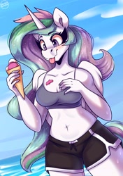 Size: 3300x4700 | Tagged: safe, artist:shadowreindeer, derpibooru import, princess celestia, alicorn, anthro, g4, bare shoulders, blush lines, blushing, bra, breasts, cleavage, clothes, crop top bra, female, food, ice cream, mare, midriff, shorts, sleeveless, solo, summer, tongue, tongue out, underwear