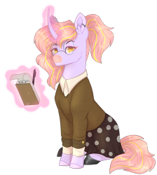 Size: 4232x4716 | Tagged: safe, artist:maxxacure, derpibooru import, oc, oc only, oc:pink blossom, pony, unicorn, clothes, coat, curved horn, ear piercing, earring, female, glasses, golden eyes, horn, jewelry, looking at you, magic, notebook, pen, piercing, pink mane, ponytail, shirt, simple background, sitting, skirt, solo, transparent background, unicorn oc, writing