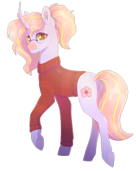 Size: 3330x4200 | Tagged: safe, artist:maxxacure, derpibooru import, oc, oc only, oc:pink blossom, pony, unicorn, clothes, commission, curved horn, female, glasses, golden eyes, head turn, horn, looking at you, looking back, pink mane, ponytail, simple background, solo, sweater, transparent background, turtleneck, walking