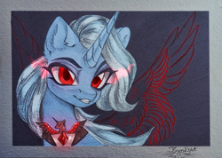 Size: 3983x2843 | Tagged: safe, artist:jsunlight, derpibooru import, trixie, pony, unicorn, g4, alicorn amulet, female, horn, mare, red eyes, solo, traditional art