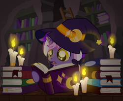 Size: 1200x984 | Tagged: safe, artist:jennieoo, derpibooru import, oc, oc only, oc:mystic moonlight, bat pony, pony, book, bookshelf, candle, commission, cute, fangs, female, filly, foal, hat, library, show accurate, solo, witch hat