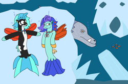 Size: 3034x1998 | Tagged: safe, artist:supahdonarudo, derpibooru import, oc, oc only, oc:icebeak, oc:sea lilly, fish, seapony (g4), atg 2024, bubble, camera, dorsal fin, ears, female, fin, fin wings, fins, fish tail, floppy ears, flowing mane, flowing tail, hiding, ice, jewelry, necklace, newbie artist training grounds, ocean, scared, sea monster, spread wings, swimming, tail, underwater, water, wings