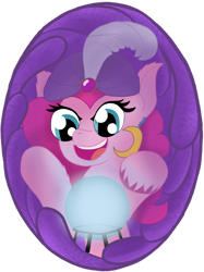 Size: 1280x1707 | Tagged: safe, artist:zeccy, derpibooru import, pinkie pie, earth pony, pony, g4, atg 2023, crystal ball, female, madame pinkie, mare, newbie artist training grounds, simple background, transparent background