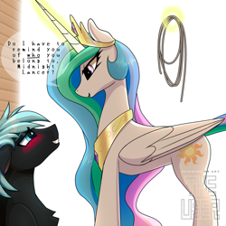 Size: 2000x2000 | Tagged: safe, artist:theuser, derpibooru import, princess celestia, oc, oc:midnight lancer, alicorn, pegasus, pony, g4, blushing, canon x oc, dialogue, female, folded wings, glowing, glowing horn, horn, jewelry, magic, magic aura, male, mare, pegasus oc, peytral, regalia, rope, stallion, wings, yandere