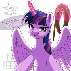 Size: 2000x2000 | Tagged: safe, artist:theuser, derpibooru import, twilight sparkle, twilight sparkle (alicorn), oc, oc:midnight lancer, alicorn, g4, bedroom eyes, canon x oc, dialogue, female, glowing, glowing horn, high res, horn, lidded eyes, magic, magic aura, male, mare, offscreen character, rope, spread wings, stallion, telekinesis, wings, yandere