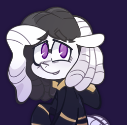 Size: 682x672 | Tagged: oc name needed, safe, artist:opossum-stuff, derpibooru import, part of a set, oc, oc only, earth pony, pony, big eyes, black and white mane, clothes, colored, colored eyebrows, commission, dreadlocks, ears, earth pony oc, eyebrow slit, eyebrows, eyebrows visible through hair, facial markings, floppy ears, lidded eyes, long mane, nervous, nervous smile, purple background, purple eyes, raised hoof, raised leg, robe, simple background, smiling, solo, tail, thick eyebrows, two toned mane, white coat, white tail