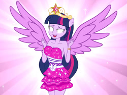 Size: 1032x774 | Tagged: safe, artist:fabri8904, derpibooru import, twilight sparkle, human, equestria girls, g4, bare shoulders, crown, fall formal outfits, female, glowing, glowing eyes, jewelry, pink background, ponied up, regalia, simple background, sleeveless, solo, wings