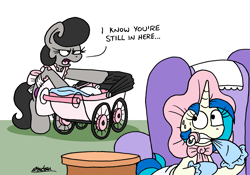 Size: 2197x1539 | Tagged: safe, artist:bobthedalek, derpibooru import, dj pon-3, vinyl scratch, oc, oc:mixed melody, oc:octavia's mother, earth pony, pony, unicorn, g4, apron, atg 2024, baby carriage, bonnet, booties, chair, clothes, diaper, hiding, horn, newbie artist training grounds, pacifier, sweat, sweatdrop, table, this will end in intensive mothering