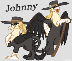 Size: 931x789 | Tagged: safe, artist:devilbunzz, derpibooru import, part of a set, griffon, beak, big hat, bipedal, black tail, blonde, blonde hair, colored wings, cowboy hat, folded wings, gray background, griffonized, guilty gear, hand on hip, hat, johnny (guilty gear), large wings, leonine tail, male, open mouth, open smile, partially open wings, raised claw, simple background, smiling, solo, species swap, staff, sunglasses, tail, text, tongue, tongue out, wings