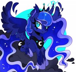 Size: 2048x1932 | Tagged: safe, artist:infinithiez, derpibooru import, princess luna, alicorn, pony, g4, alternate design, big ears, big eyes, blaze (coat marking), blue coat, blue eyes, blue magic, blue mane, blue tail, cheek fluff, chest fluff, circle background, cloud, coat markings, colored ear fluff, colored eartips, colored wings, colored wingtips, crown, curved horn, cute, ear fluff, ear piercing, ear tufts, earring, ears, ethereal mane, ethereal tail, eyeshadow, facial markings, feather, female, flowing mane, flowing tail, glowing, glowing eyes, glowing horn, gradient horn, hoof shoes, horn, jewelry, lidded eyes, looking back, lunabetes, lying down, magic, makeup, mare, multicolored wings, on a cloud, passepartout, peytral, piercing, princess shoes, prone, purple eyeshadow, regalia, shiny eyes, simple background, sitting, sitting on cloud, smiling, socks (coat marking), solo, sparkly mane, sparkly tail, spread wings, starry mane, starry tail, tail, thick eyelashes, tiara, two toned mane, two toned tail, unicorn horn, wavy mane, wavy tail, white background, wing fluff, wingding eyes, wings