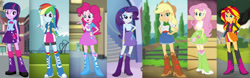 Size: 1280x401 | Tagged: safe, artist:qbert2kcat, derpibooru import, applejack, fluttershy, pinkie pie, rainbow dash, rarity, sunset shimmer, twilight sparkle, equestria girls, g4, belt, boots, clothes, cowboy boots, cowboy hat, hat, high heel boots, jacket, shirt, shoes, simple background, skirt, socks, solo, vest