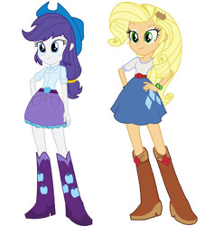 Size: 545x600 | Tagged: safe, derpibooru import, applejack, rarity, equestria girls, g4, belt, boots, clothes, clothes swap, cowboy hat, hat, high heel boots, palette swap, recolor, shirt, shoes, simple background, skirt, solo, white background