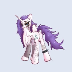 Size: 1151x1151 | Tagged: safe, artist:tuskonline, derpibooru import, rarity, alicorn, pony, g4, alicornified, anklet, bandage, bandaged leg, butt, clothes, ear piercing, female, fishnet clothing, fishnet stockings, jewelry, leg tattoo, looking at you, looking back, looking back at you, makeup, mare, piercing, plot, purple mane, purple tail, race swap, raricorn, running makeup, simple background, solo, sparkly mane, sparkly tail, spiked anklet, spread wings, standing, stockings, tail, tattoo, thigh highs, white body, wing piercing, wings