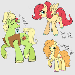Size: 3000x3000 | Tagged: safe, artist:texacity, derpibooru import, oc, oc only, oc:jazz apple, oc:opal apple, oc:sugarbee buttercup apple, earth pony, pegasus, pony, clothes, curly hair, curly mane, eyes closed, gray background, hair over one eye, lidded eyes, offspring, open mouth, open smile, parent:big macintosh, parent:fluttershy, parents:fluttermac, siblings, simple background, smiling, traditional art, trio, unshorn fetlocks, vest