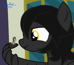 Size: 2689x2370 | Tagged: safe, artist:twiny dust, derpibooru import, oc, oc only, oc:dust, oc:eclipse, pegasus, pony, unicorn, awkward smile, building, canterlot, canterlot city, duo, duo male and female, embarrassed, female, hairband, hooves behind head, horn, male, mare, micro, micro may, pegasus oc, ponytail, shrunken, sitting, smiling, smirk, stallion, story included, tiny, tiny ponies, unicorn oc, wing hands, wings