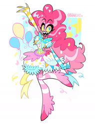 Size: 1080x1413 | Tagged: safe, artist:budweiset, derpibooru import, pinkie pie, anthro, demon, demon pony, earth pony, unguligrade anthro, g4, :d, bowtie, clothes, colored pupils, colored sclera, confetti, cutie mark, cutie mark background, demonized, dress, evening gloves, female, gloves, hellaverse, leg stripes, long gloves, mare, mismatched gloves, open mouth, open smile, passepartout, raised leg, sharp teeth, simple background, smiling, solo, species swap, stripes, teeth, thick eyelashes, white background, yellow sclera