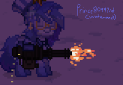 Size: 732x503 | Tagged: safe, derpibooru import, oc, oc only, oc:prince, unicorn, ashes town, blue eyes, blue mane, clothes, digital art, dress, fire, firing, glasses, gun, hat, horn, minigun, pixel art, solo, top hat, weapon