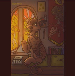 Size: 889x899 | Tagged: safe, artist:bugishorse, derpibooru import, oc, oc only, alicorn, pony, book, pillow, sitting, solo, stained glass, tapestry