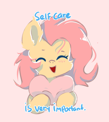 Size: 785x879 | Tagged: safe, artist:comfort_ponies, artist:skylinepony_, derpibooru import, fluttershy, pegasus, pony, g4, cute, ear fluff, ears, eyes closed, female, heart, open mouth, pink background, positive ponies, shyabetes, simple background, smiling, solo, text, truth