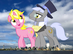 Size: 2048x1536 | Tagged: safe, artist:cloudy glow, derpibooru import, edit, editor:jaredking779, caesar, sunshine smiles, earth pony, pony, unicorn, g4, background pony, count caesar, duo, female, giant pony, giantess, hat, highrise ponies, horn, irl, macro, male, mare, monocle, monocle and top hat, photo, ponies in real life, seattle, space needle, stallion, story included, top hat, washington