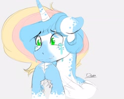 Size: 2627x2105 | Tagged: safe, alternate version, artist:thelunarmoon, derpibooru import, oc, oc only, oc:lunar moon, pony, unicorn, bust, coat markings, colored, crying, ears, flat colors, floppy ears, gray background, hooves together, horn, male, multicolored hair, no dialogue, simple background, solo, stallion, unshorn fetlocks