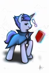 Size: 1080x1621 | Tagged: safe, artist:itxi_izalith, derpibooru import, oc, oc only, pony, unicorn, book, cape, clothes, glasses, horn, levitation, lidded eyes, looking at you, magic, smiling, solo, telekinesis