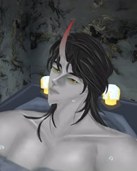 Size: 1280x1600 | Tagged: safe, artist:sh4deshad0w41, derpibooru import, king sombra, anthro, human, g4, bathing, bathroom, bathtub, colored horn, curved horn, horn, humanized, looking at you, male, solo, sombra horn, wet body, wet hair