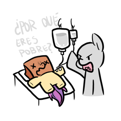 Size: 1000x1000 | Tagged: safe, artist:paperbagpony, derpibooru import, oc, oc only, oc:paper bag, anonymous, bed, chibi, duo, hospital bed, iv drip, simple background, spanish, translated in the comments, white background, x eyes