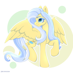 Size: 4134x4134 | Tagged: safe, artist:jjsh, derpibooru import, oc, oc only, pegasus, pony, blue eyes, blue mane, cute, cute face, female, head turn, high res, mare, raised hoof, raised leg, smiling, solo, spread wings, wings