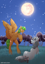 Size: 2480x3508 | Tagged: safe, artist:jjsh, derpibooru import, oc, oc only, pegasus, pony, unicorn, duo, excited, fluffy, grass, happy, head turn, high res, holiday, horn, looking at someone, lying down, male, mare in the moon, moon, night, open mouth, raised hoof, raised leg, rearing, sky, smiling, spread wings, stallion, stars, teeth, tree, wing fluff, wings