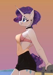 Size: 2340x3304 | Tagged: safe, artist:naen, derpibooru import, rarity, anthro, plantigrade anthro, unicorn, g4, alternate hairstyle, bra, choker, clothes, ear piercing, female, gradient background, horn, mare, piercing, smiling, solo, underwear