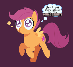 Size: 640x580 | Tagged: safe, artist:weirduglylemon, derpibooru import, scootaloo, pegasus, pony, g4, female, filly, foal, minecraft, purple background, simple background, solo, sparkles, thought bubble