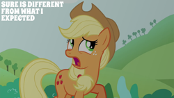 Size: 2000x1125 | Tagged: safe, derpibooru import, edit, edited screencap, editor:quoterific, screencap, applejack, earth pony, pony, g4, maud pie (episode), season 4, applejack's hat, caption, clothes, cowboy hat, female, hat, mare, solo, text