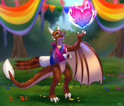 Size: 2965x2530 | Tagged: safe, artist:malinraf1615, derpibooru import, oc, oc:ash, dragon, bandage, bisexual pride flag, broken bone, broken wing, cast, claws, colored wings, commission, dragon oc, dragonified, fire, injured, magic, male, non-pony oc, pride, pride flag, pride month, pyrokinesis, sling, species swap, tail, wings, wyvern