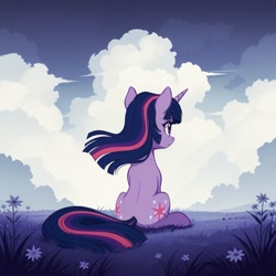 Size: 1536x1536 | Tagged: safe, ai content, derpibooru import, machine learning generated, twilight sparkle, unicorn twilight, pony, unicorn, g4, cloud, facing away, female, flower, generator:autismmix confetti, grass, horn, limited palette, looking away, mare, prompter:siber, rear view, sitting, sky, solo, windswept mane