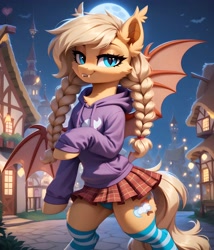 Size: 3104x3624 | Tagged: safe, ai content, derpibooru import, generator:pony diffusion v6 xl, generator:stable diffusion, machine learning generated, oc, oc only, bat pony, bat pony oc, bipedal, blue eyes, braid, chest fluff, clothes, ear fluff, ears, fangs, hoodie, looking at you, moon, night, panties, ponyville, prompter:midnight dashie, skirt, smiling, smiling at you, socks, striped socks, underwear, wings
