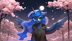Size: 2560x1440 | Tagged: safe, ai content, derpibooru import, generator:pony diffusion v6 xl, generator:stable diffusion, machine learning generated, princess luna, alicorn, pony, g4, cherry blossoms, chest fluff, clothes, ear fluff, ears, full moon, hoodie, horn, moon, night, one ear down, prompter:liladash, solo, spread wings, wallpaper, wing fluff, wings