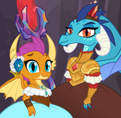 Size: 800x785 | Tagged: safe, artist:queencold, derpibooru import, dragon lord ember, princess ember, smolder, dragon, g4, clothes, crown, dragoness, dress, female, flower, gem, jewelry, regalia, smolder also dresses in style