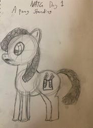 Size: 1461x2000 | Tagged: safe, artist:goldenmidnight, derpibooru exclusive, derpibooru import, oc, oc only, oc:bubble drop, earth pony, atg 2024, female, mare, monochrome, newbie artist training grounds, sketch, solo, traditional art