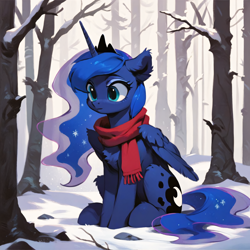 Size: 2048x2048 | Tagged: safe, ai content, derpibooru import, generator:pony diffusion v6 xl, generator:stable diffusion, machine learning generated, princess luna, alicorn, pony, g4, chest fluff, clothes, crown, ear fluff, ears, folded wings, forest background, horn, jewelry, prompter:liladash, regalia, scarf, sitting, snow, solo, wing fluff, wings